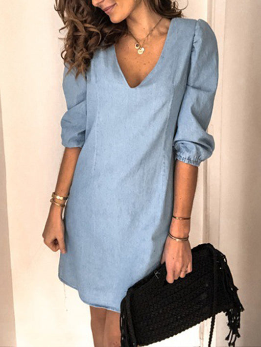 Inrosy robe courte en jean v-cou manches courtes manches au coude femme décontracté ample casual