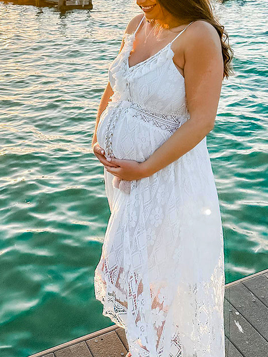 Inrosy robe de grossesse court devant longue derriere dentelle v-cou sans manches femme bohème décontracté de plage