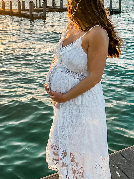 Inrosy robe de grossesse court devant longue derriere dentelle v-cou sans manches femme bohème décontracté de plage