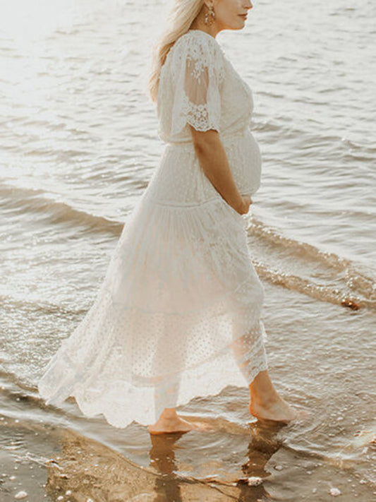 Inrosy robe de grossesse boho dentelle broderie anglaise volantée boutons v-cou manches courtes femme enceinte pour mariage