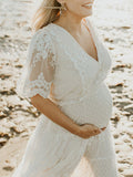 Inrosy robe de grossesse boho dentelle broderie anglaise volantée boutons v-cou manches courtes femme enceinte pour mariage