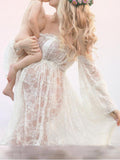 Inrosy robe de grossesse shooting photo dentelle transparent fendu col bateau manches longues femme boho enceinte