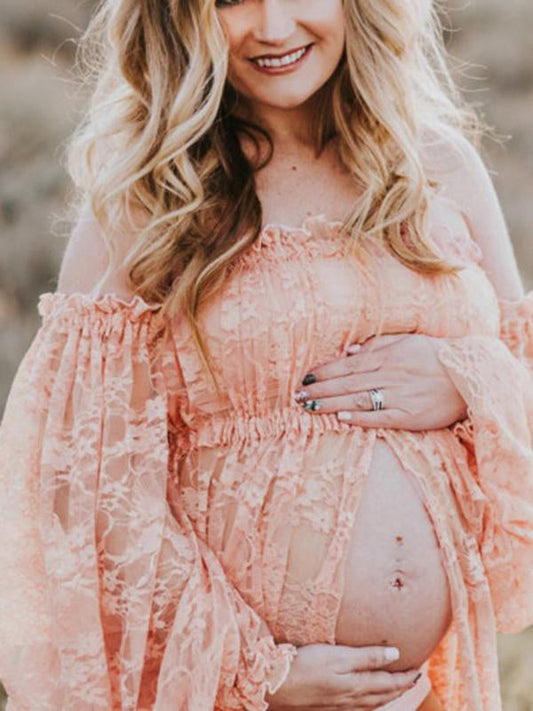 Inrosy robe de grossesse shooting photo dentelle transparent fendu col bateau manches longues femme boho enceinte