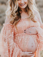 Inrosy robe de grossesse shooting photo dentelle transparent fendu col bateau manches longues femme boho enceinte