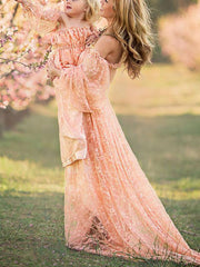 Inrosy robe de grossesse shooting photo dentelle transparent fendu col bateau manches longues femme boho enceinte