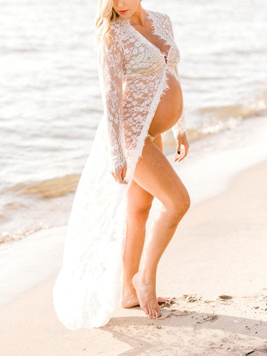 Inrosy robe de grossesse dentelle fendu manches longues femme élégant de plage enceinte photo shooting
