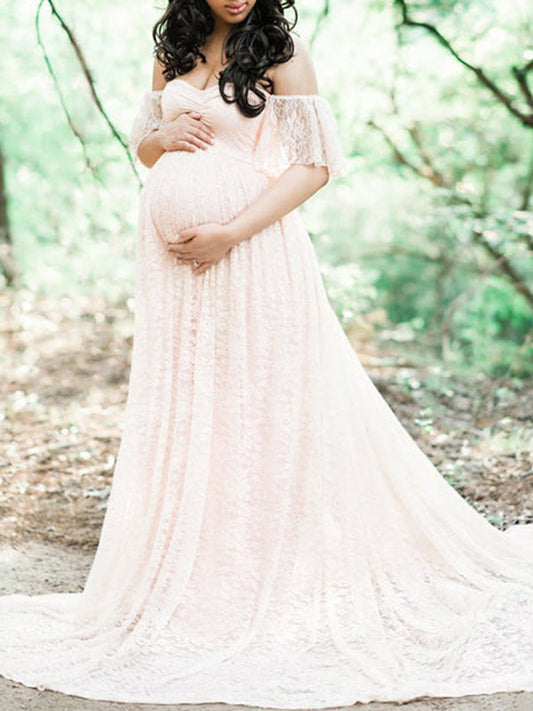 Inrosy robe de grossesse shooting photo dentelle à volantée col bateau manches courtes femme élégant bohème enceinte
