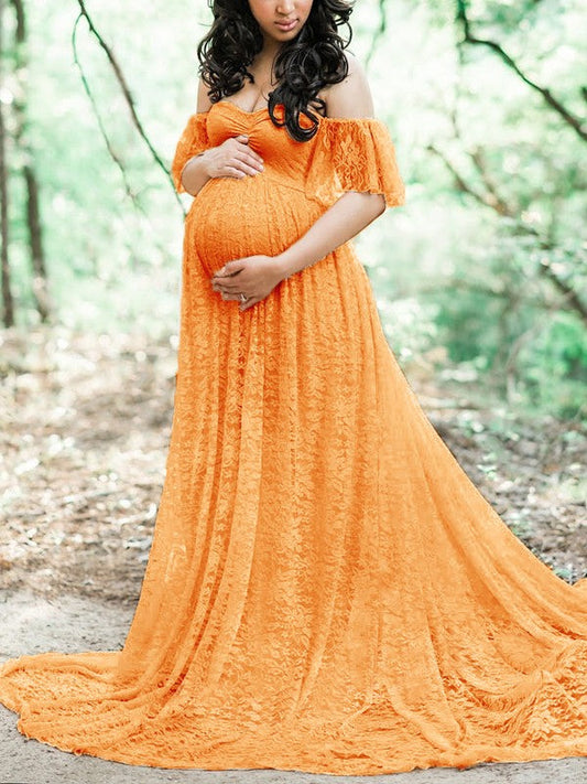 Inrosy robe de grossesse shooting photo dentelle à volantée col bateau manches courtes femme élégant bohème enceinte