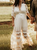 Inrosy robe de grossesse dentelle tulle fendu décolleté dos v-cou manches courtes femme mariage photo shooting enceinte