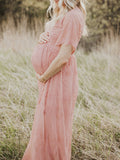 Inrosy longue robe de grossesse dentelle v-cou manches courtes femme enceinte élégant bohème