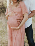 Inrosy longue robe de grossesse dentelle v-cou manches courtes femme enceinte élégant bohème