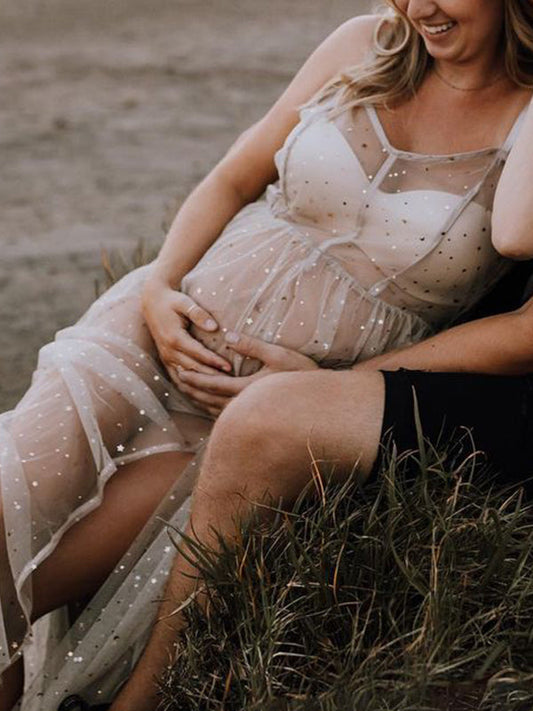 Inrosy robe de grossesse transparent tulle fendu fluide à fines brides sans manches femme élégant photo shooting enceinte