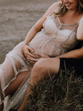 Inrosy robe de grossesse transparent tulle fendu fluide à fines brides sans manches femme élégant photo shooting enceinte