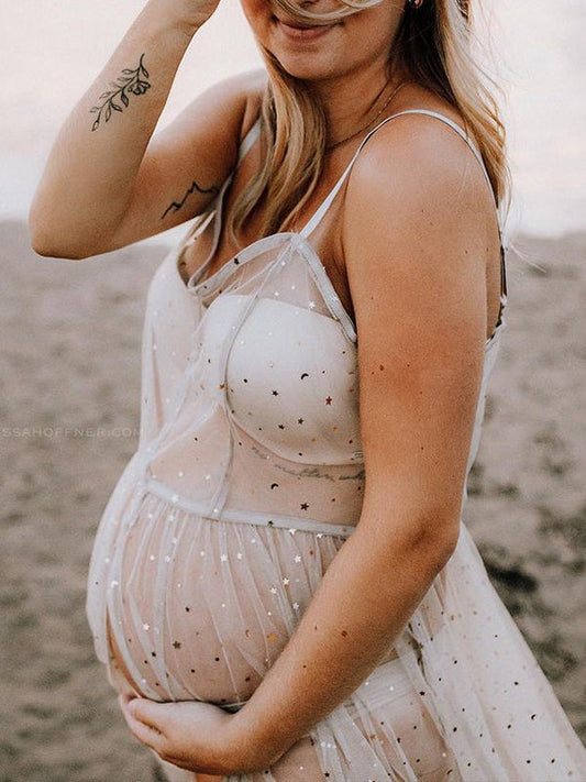 Inrosy robe de grossesse transparent tulle fendu fluide à fines brides sans manches femme élégant photo shooting enceinte