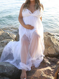 Inrosy longue robe de grossesse tulle fendu le côté croisé dos dos nu à fines brides sans manches femme mode de plage shooting