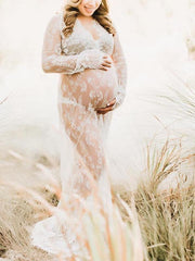 Inrosy enceinte shooting robe de grossesse transparent dentelle décolleté plongeant manches longues femme bapteme plage