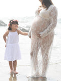 Inrosy enceinte shooting robe de grossesse transparent dentelle décolleté plongeant manches longues femme bapteme plage