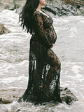 Inrosy enceinte shooting robe de grossesse transparent dentelle décolleté plongeant manches longues femme bapteme plage