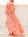 Inrosy longue robe de grossesse mousseline fluide col bateau manches courtes femme élégant de soirée cérémonie enceinte shooting