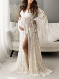 Inrosy robe de grossesse dentelle fendu le côté v-cou manches trompette manches longues femme élégant boho enceinte shooting photo