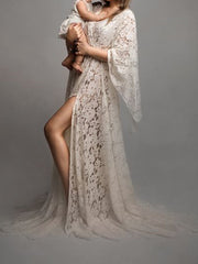 Inrosy robe de grossesse dentelle fendu le côté v-cou manches trompette manches longues femme élégant boho enceinte shooting photo