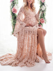 Inrosy robe de grossesse dentelle fendu le côté v-cou manches trompette manches longues femme élégant boho enceinte shooting photo