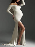 Inrosy robe de grossesse moulante fendu le côté sirene col bateau manches longues femme élégant promo enceinte shooting photo