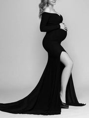 Inrosy robe de grossesse moulante fendu le côté sirene col bateau manches longues femme élégant promo enceinte shooting photo