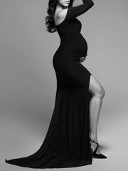Inrosy robe de grossesse moulante fendu le côté sirene col bateau manches longues femme élégant promo enceinte shooting photo