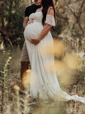 Inrosy longue robe de grossesse dentelle à volantée manches courtes femme élégant mode enceinte photo shooting