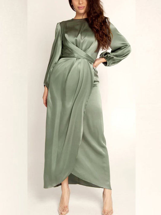 Inrosy robe de grossesse satin fendu ceinture col rond manches longues femme élégant soirée enceinte photo shooting