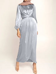 Inrosy robe de grossesse satin fendu ceinture col rond manches longues femme élégant soirée enceinte photo shooting