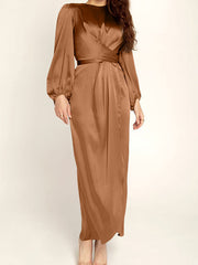 Inrosy robe de grossesse satin fendu ceinture col rond manches longues femme élégant soirée enceinte photo shooting