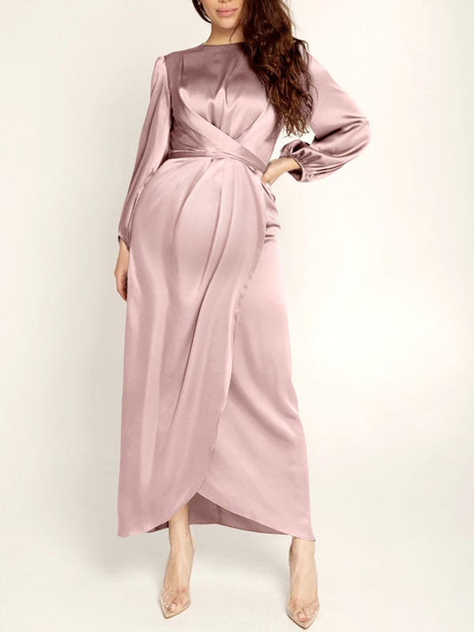 Inrosy robe de grossesse satin fendu ceinture col rond manches longues femme élégant soirée enceinte photo shooting
