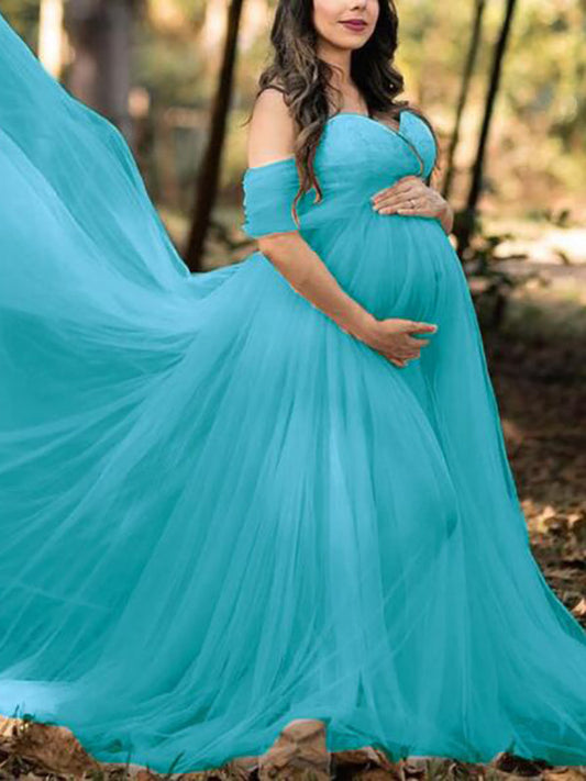 Inrosy robe de grossesse dentelle mousseline à volantée bustier col bateau femme décontracté cérémonie enceinte photo shooting