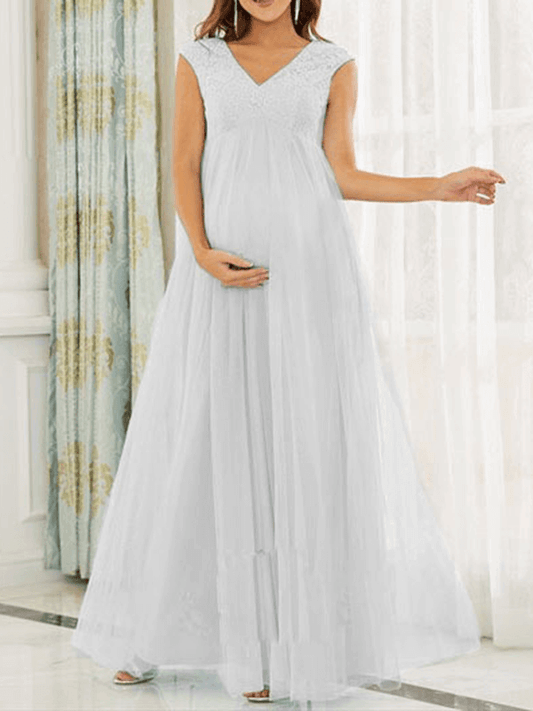 Inrosy robe de grossesse dentelle mousseline fluide dos nu v-cou sans manches femme élégant mode bal de promo enceinte invité mariage
