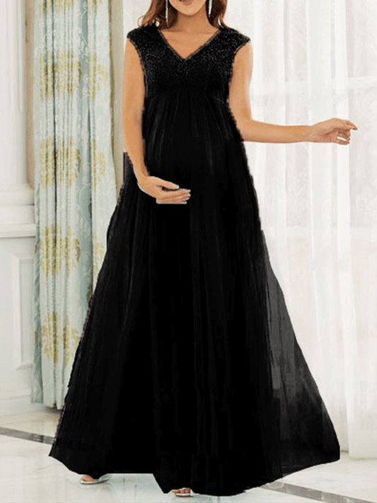 Inrosy robe de grossesse dentelle mousseline fluide dos nu v-cou sans manches femme élégant mode bal de promo enceinte invité mariage