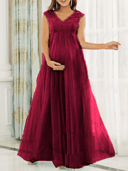 Inrosy robe de grossesse dentelle mousseline fluide dos nu v-cou sans manches femme élégant mode bal de promo enceinte invité mariage