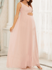 Inrosy robe de grossesse dentelle mousseline fluide dos nu v-cou sans manches femme élégant mode bal de promo enceinte invité mariage
