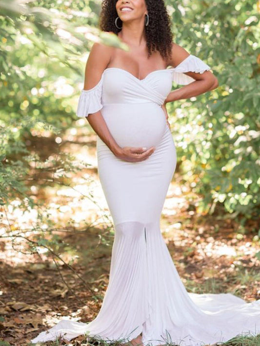 Inrosy robe de grossesse fendu à volantée sirene dos nu col bateau manches courtes femme élégant soirée de promo enceinte shooting