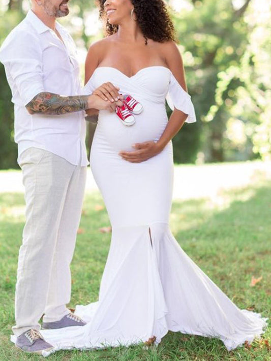 Inrosy robe de grossesse fendu à volantée sirene dos nu col bateau manches courtes femme élégant soirée de promo enceinte shooting