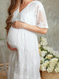 Inrosy robe de grossesse à pois dentelle tulle boutons v-cou manches courtes femme élégant de soirée pour mariage bapteme enceinte