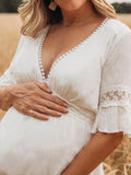 Inrosy robe de grossesse dentelle plissé pompons v-cou manches courtes femme bohème mode bapteme enceinte photo shooting