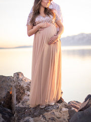 Inrosy robe de grossesse tulle brillante paillette v-cou manches courtes femme élégant cérémonie photo shooting enceinte