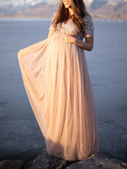 Inrosy robe de grossesse tulle brillante paillette v-cou manches courtes femme élégant cérémonie photo shooting enceinte