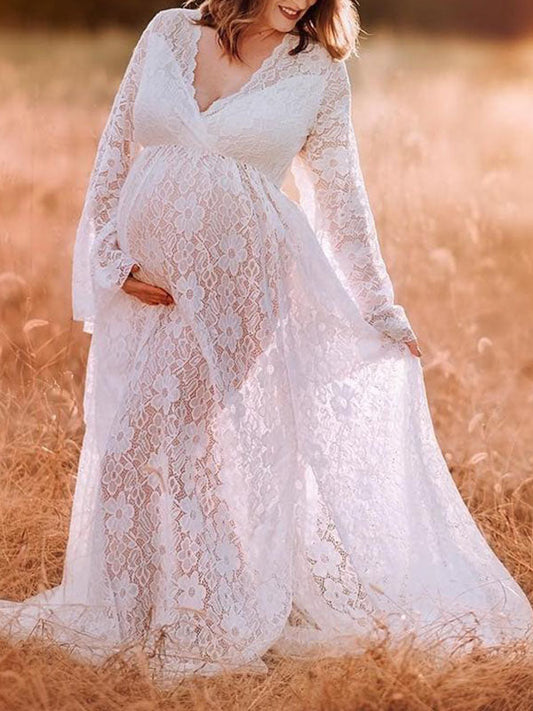Inrosy robe de grossesse dentelle fendu le côté v-cou manches trompette manches longues femme élégant bohème bapteme enceinte