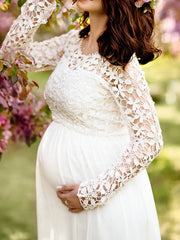 Inrosy robe de grossesse découpes dentelle mousseline col rond manches longues femme élégant soirée bal de promo enceinte