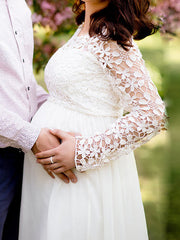 Inrosy robe de grossesse découpes dentelle mousseline col rond manches longues femme élégant soirée bal de promo enceinte