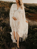 Inrosy robe de grossesse v-cou dentelle frange brodée manches longues femme élégant boho lâche décontracté photo shooting