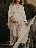 Inrosy robe de grossesse v-cou dentelle frange brodée manches longues femme élégant boho lâche décontracté photo shooting
